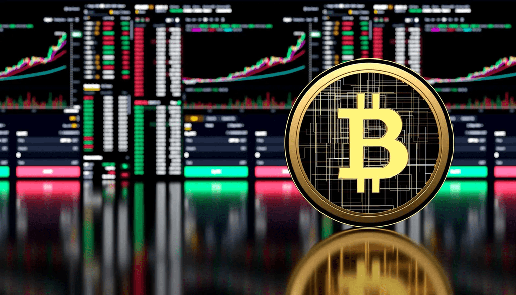 Bitcoin cryptocurrency coin with a digital trading chart background