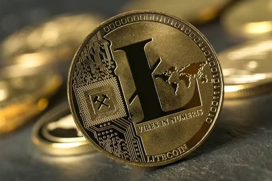 Litecoin cryptocurrency coin with Litecoin logo and circuit design