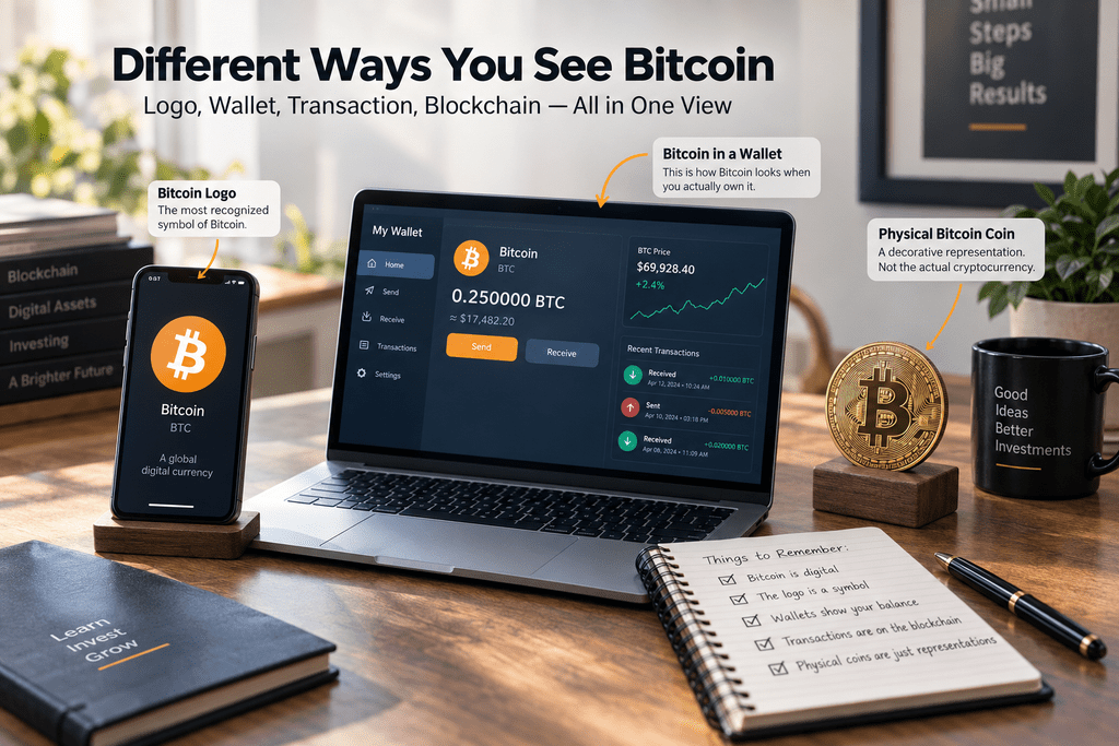 Different ways to see Bitcoin through a wallet, logo, blockchain, and physical coin representation
