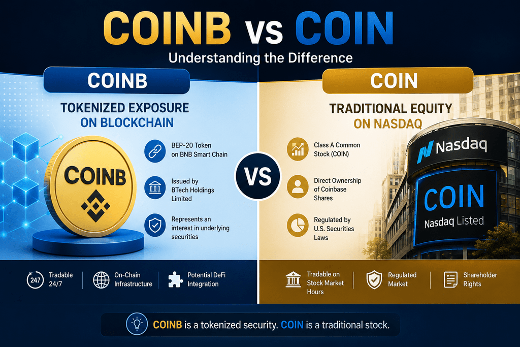 COINB vs COIN showing the difference between tokenized Coinbase exposure and traditional Coinbase stock