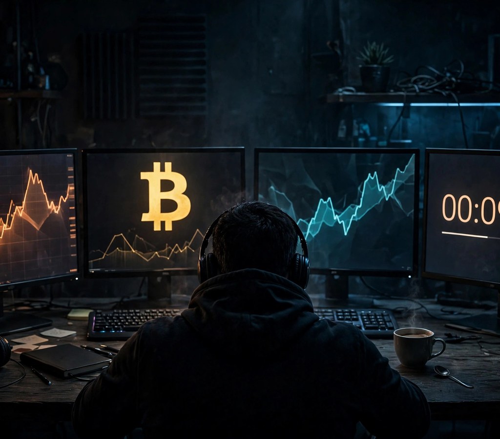 A trader watching Bitcoin price charts on multiple monitors while waiting for the Fed decision announcement