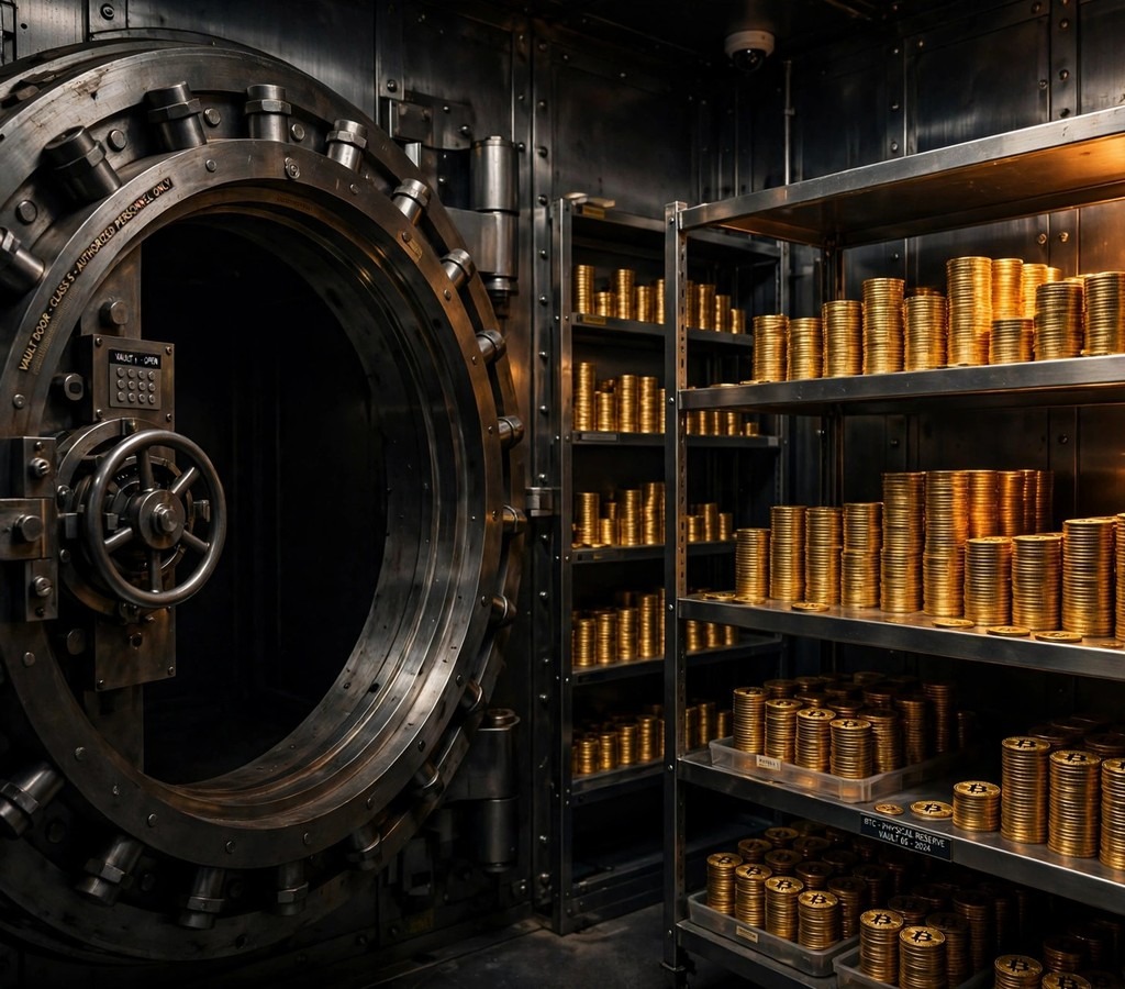 Stacks of golden Bitcoin coins stored inside a secure corporate vault