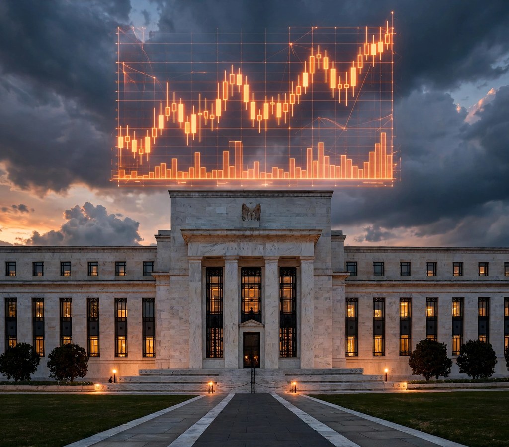 Federal Reserve building with a Bitcoin price chart after the October FOMC decision