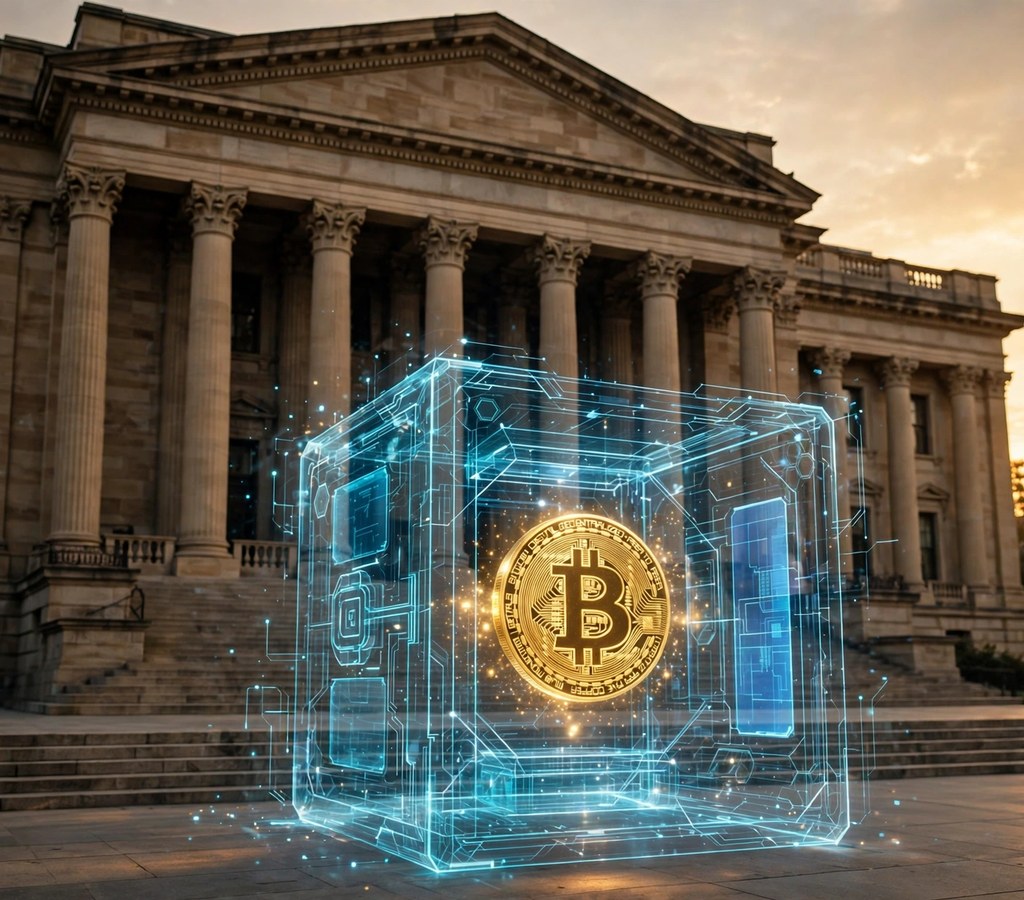 SEC building with a digital crypto custody vault concept