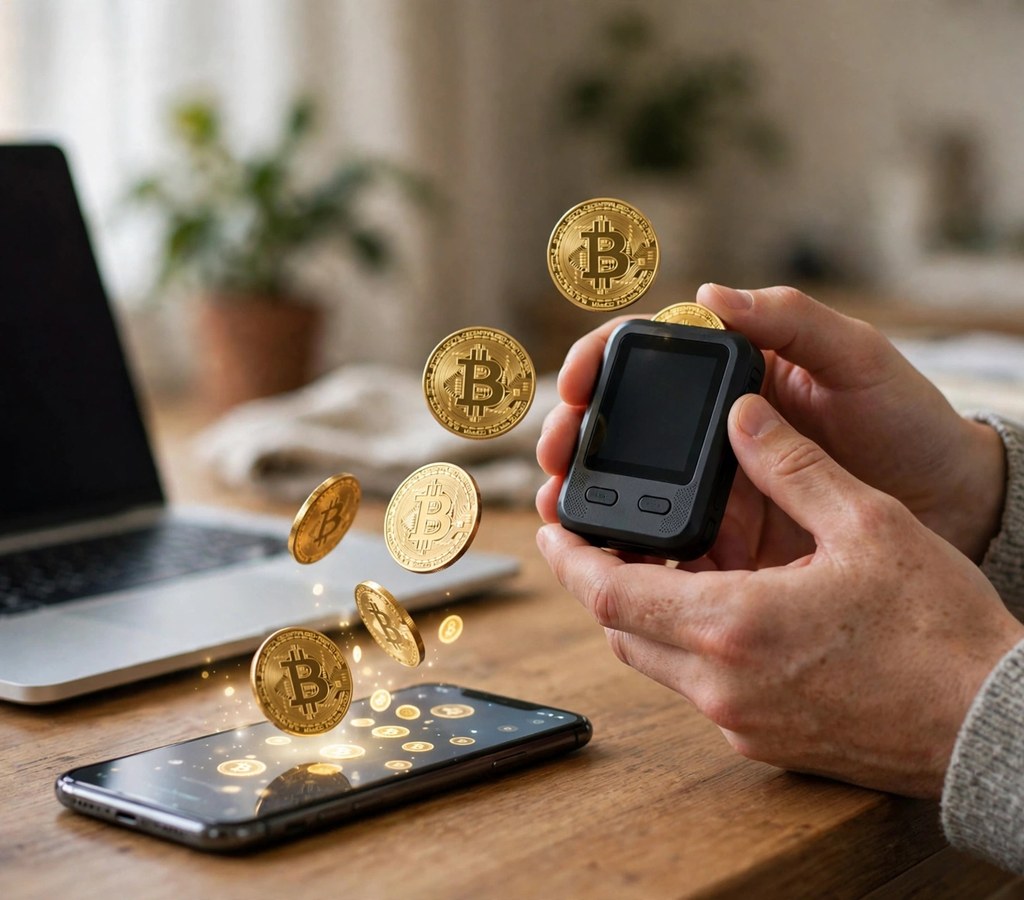 Crypto user moving funds to a hardware wallet for safety concept