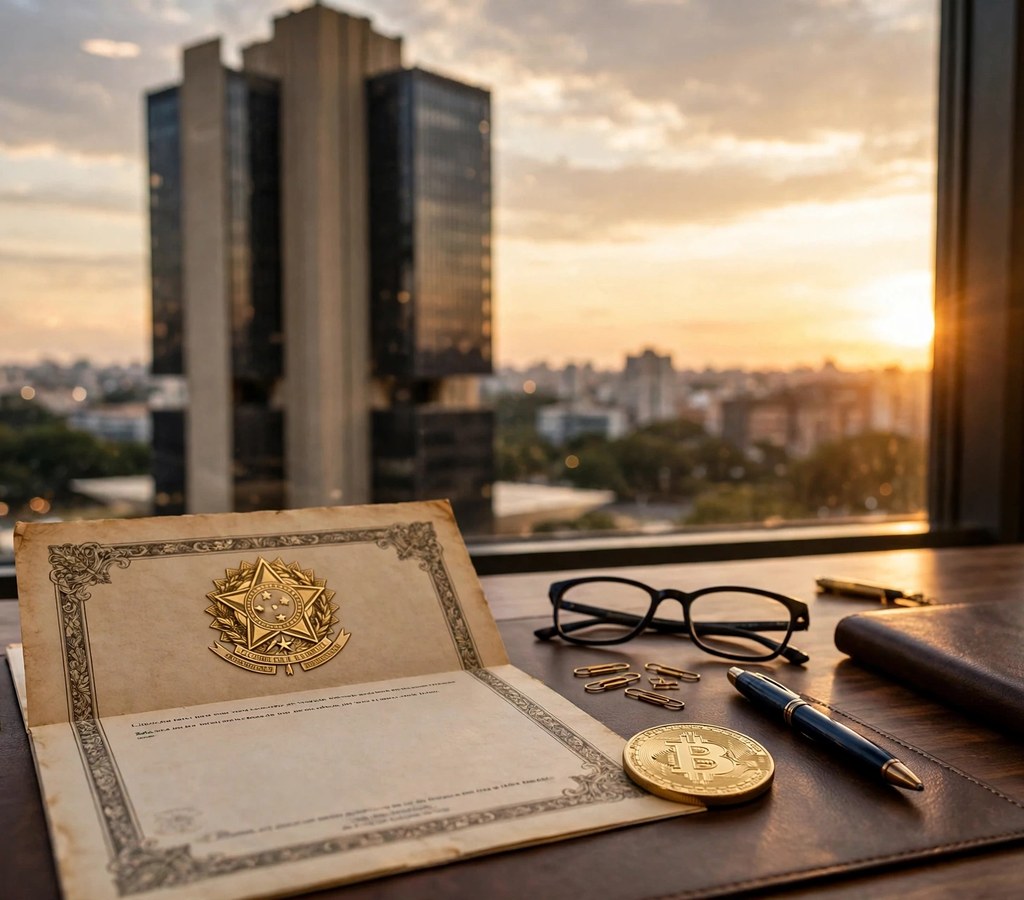 Brazil central bank building in Brasilia with a crypto licence document concept