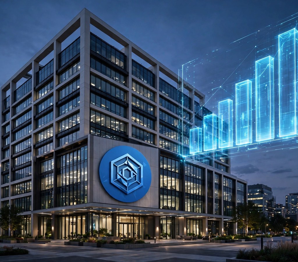 Coinbase headquarters building with a quarterly earnings chart concept