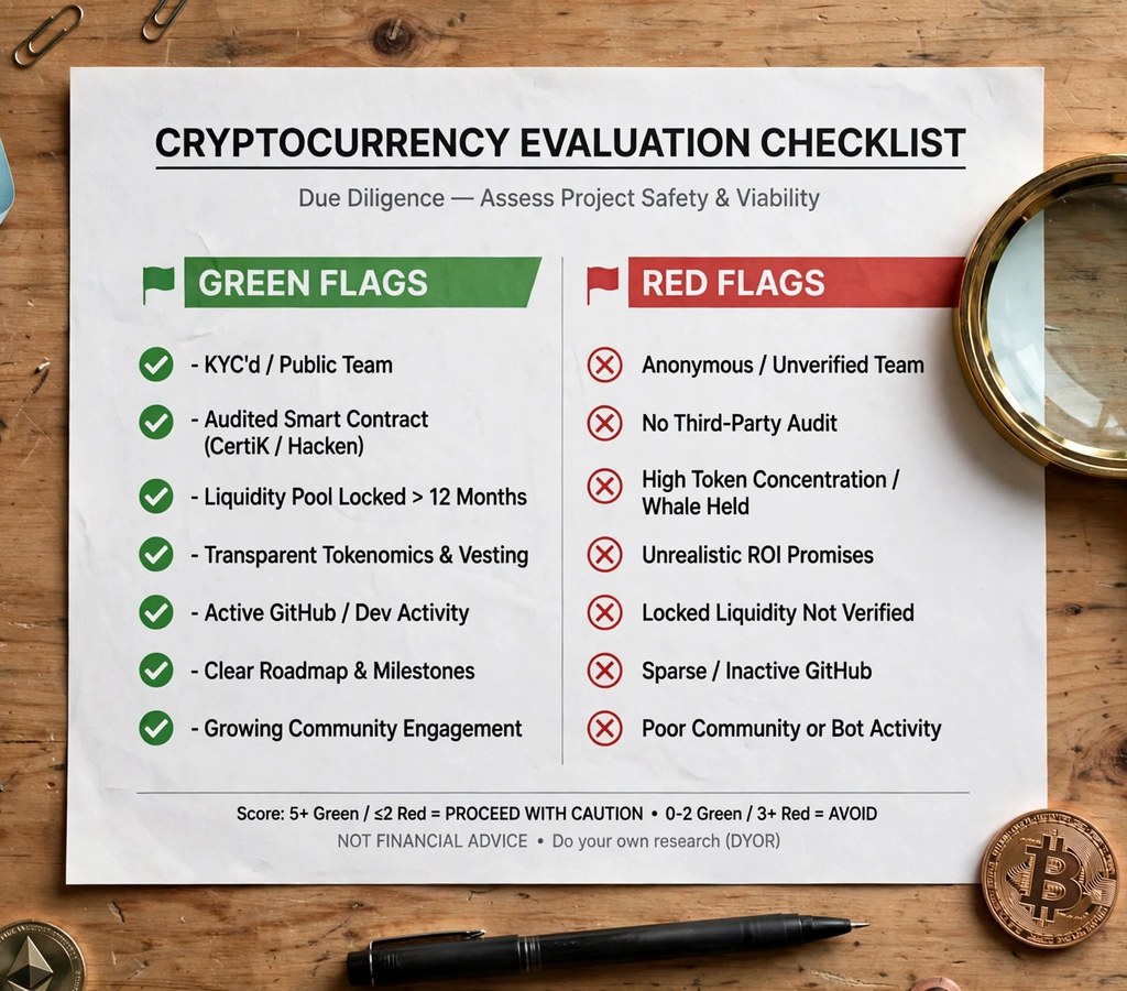 cryptocurrency evaluation checklist with red and green flags