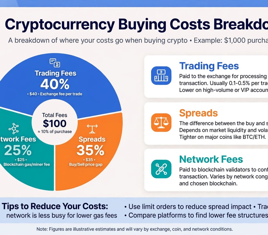 crypto buying costs breakdown with fees spreads and network fees